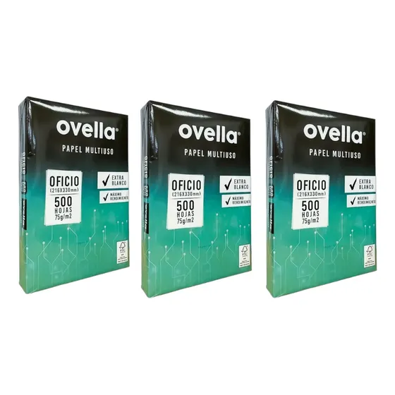 Pack Resma Tamaño Oficio Ovella 75 Gr. X 3 Uni. De 500 Hojas