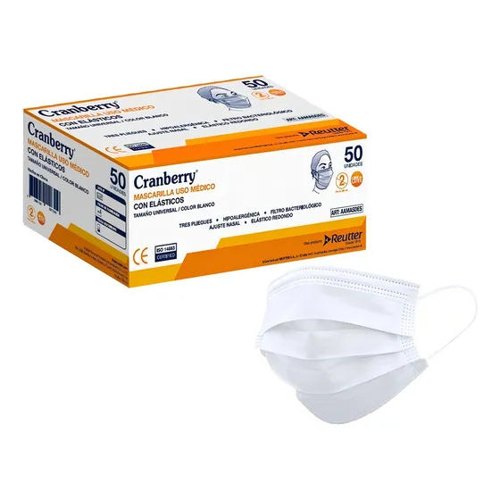 Mascarillas 3 Capas Cranberry Certificadas Uso Quirúrgico Color Blanco elastico