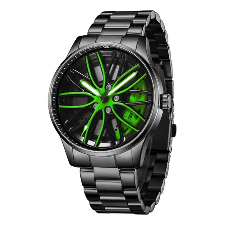 Relógio Pulso Quartzo Masculino Luminoso Moda Aço Inoxidável Preto Verde
