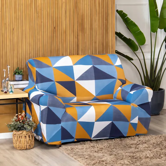 Capa De Sofá 2 Lugares Estampada + 4 Fixadores Rápido Cor Azul Geométrico