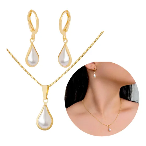 Brinco Feminino E Correntinha Perola Gota Pingente Folheado
