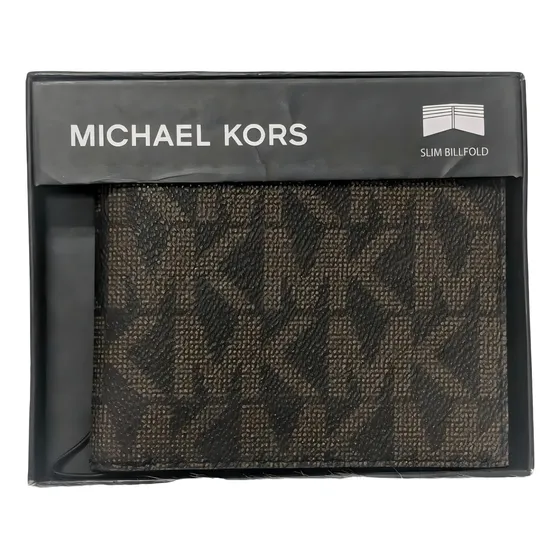 Carteira de couro Michael Kors, masculina, marrom Mk, design de tecido liso de duas dobras na cor marrom
