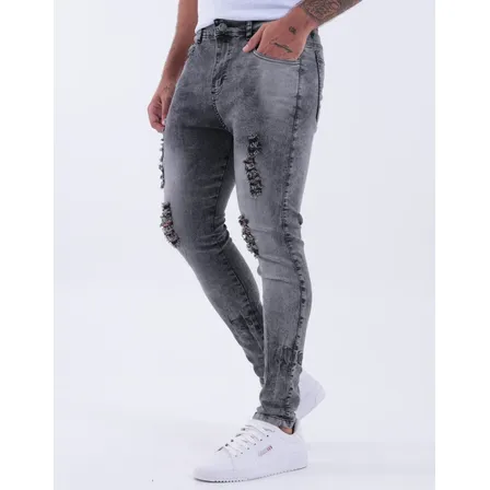 Calça Skinny Preta Rasgada Masculina Jeans C/ Elastano Lycra Preto 42