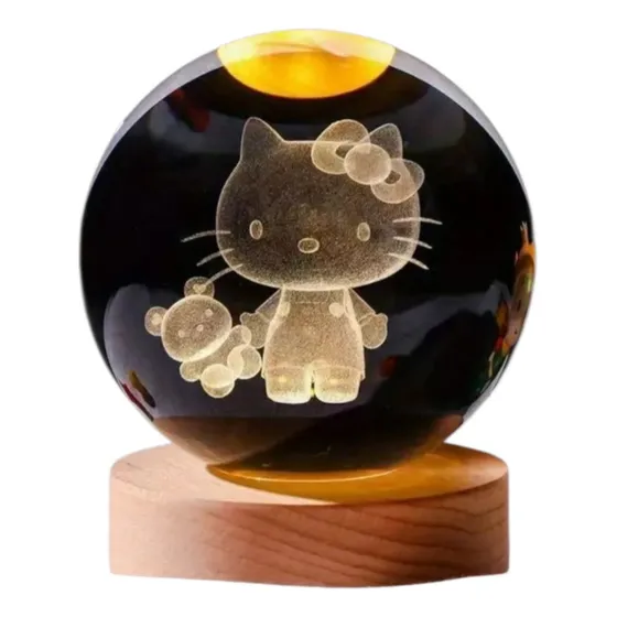 Lámpara De Mesa Luz Led Bola De Cristal 3d Hello Kitty