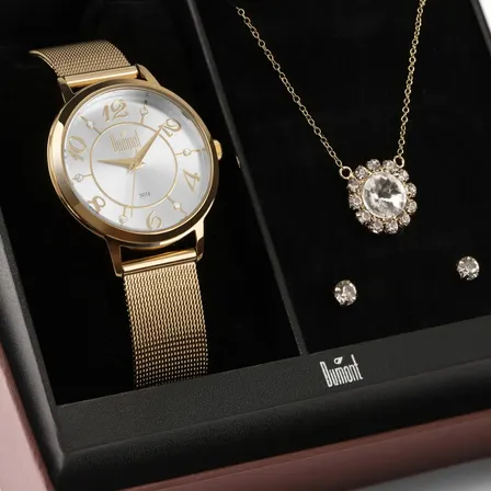 Kit Relógio Dourado Feminino Dumont - Du2035mom/k4k Fundo Prata