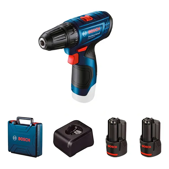 Taladro percutor atornillador inalámbrico de 10mm Bosch GSB 120-LI 12V + 2 baterías de 2Ah + accesorio con maletín de transporte 220V