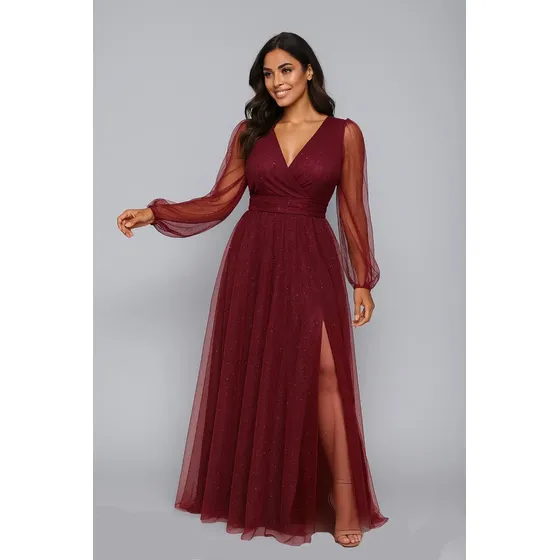Vestido Longo Tule Brilho Com Manga E Fenda Casamento