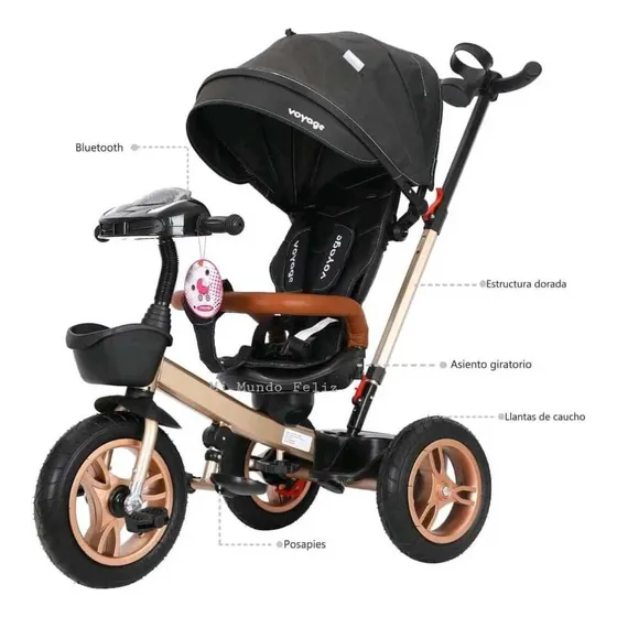 Triciclo Para Niños Gold Travel Aluminio Musical Bluetooth Color Negro Voyage