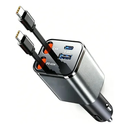 Carregador Turbo De Carro Retratil 4 Em 1 Com 2 Cabos Type-c Prateado