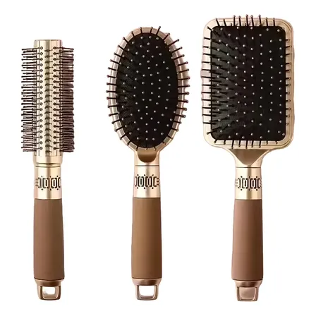 Kit 3 Escovas Cabelo Modeladoras Massagem Dourado