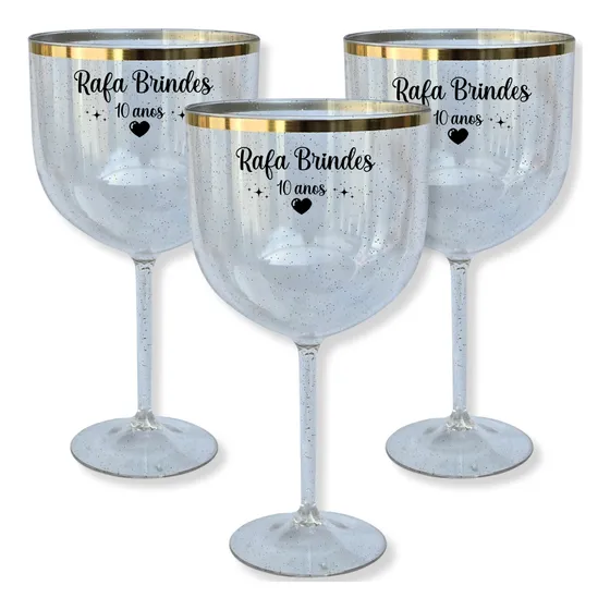 60 Taças De Gin Acrílico 450ml Com Glitter Borda Metalizada