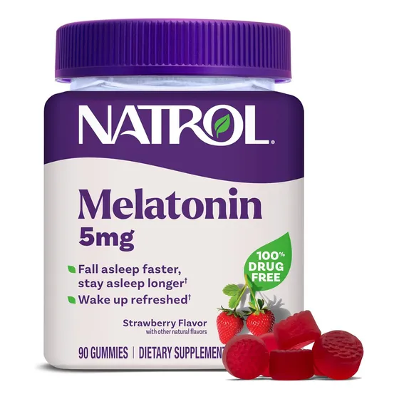 Natrol Melatonina 5 Mg  90 Gomitas Sabor Fresa, Sin Gluten Ni Omg, Sin Gelatina Ni Colorantes Artificiales, Fórmula Vegetariana Y Sin Fármacos