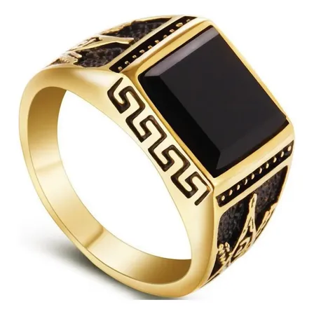 Anel De Pedra Ágata Masculino Maçom Aço E Banhado A Ouro 18k