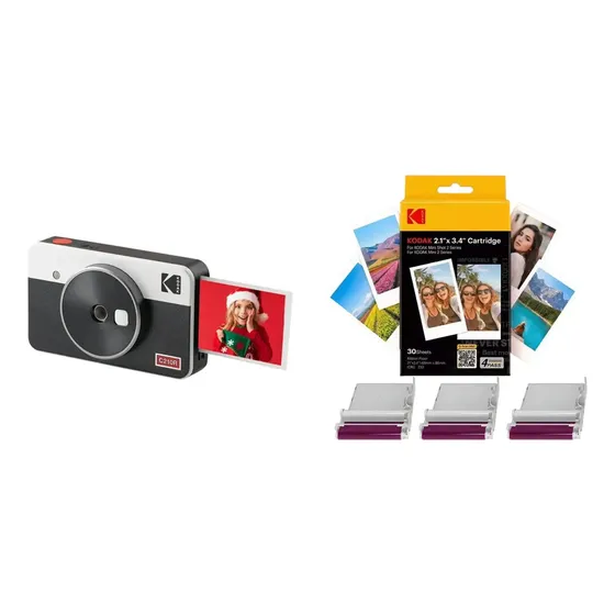 Kit Kodak: Cámara Instantánea Mini Shot 2 Retro Blanco + Cartucho 30hjs 2.1x3.4'' Negro