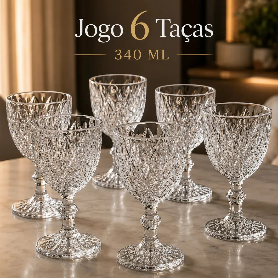 Jogo 6 Taças De Vidro Diamond Cristal 340 ML Luxo Elegante Agua Suco Vinho Champanhe Restaurante Bar Adega Jogo 6 Taças De Vidro Diamond Cristal 340 ML Luxo Elegante Agua Suco Vinho Champanhe Restaurante Bar Adega