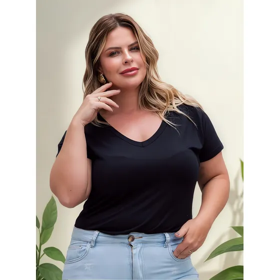 T-shirt Camiseta Plus Size Blusa Básica Preta Gola V