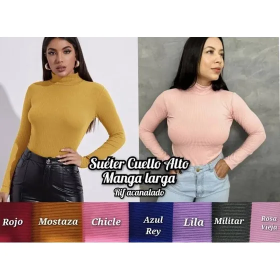 Blusa, Suéter Manga Larga Cuello Alto Para Dama 