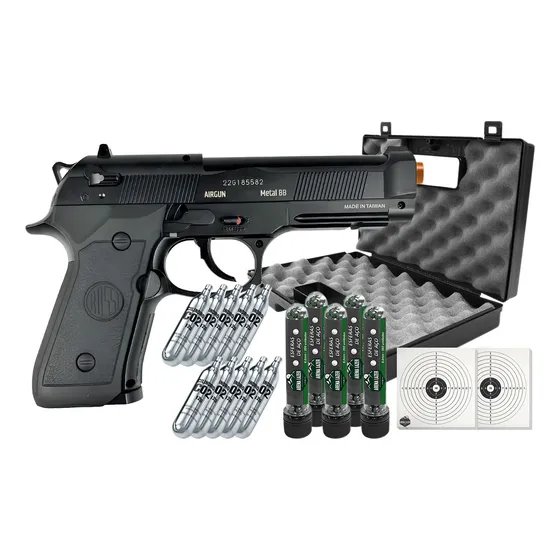 Pistola Pressão M9 6mm + Case + 10 Co2 + Alvos + Esfera Aço