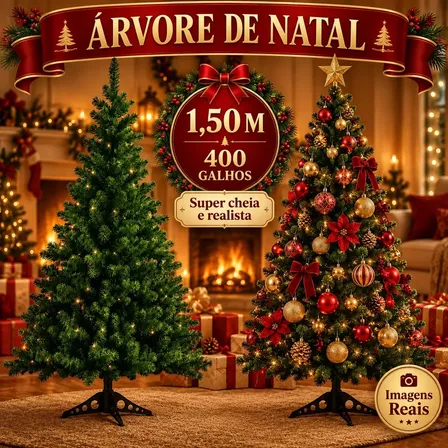 Árvore De Natal Tradicional Pinheiro Luxo 1.50m 400 Galhos Cheios Montagem Rápida Decorativa Natalina Luzes de Natal
