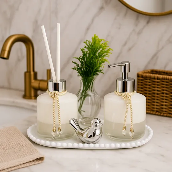 Kit Lavabo Banheiro Luxo Difusor Aromatizador De Ambiente Com Bandeja E Sabonete Líquido Cor Branco