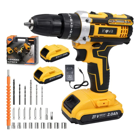 Parafusadeira Furadeira De Impacto Profissional Inova Furadeira E De Impacto Sem Fio 21v Com Led 2 Baterias Recarregáveis 21V E 27 Acessórios / Maleta Completa Para Uso Profissional E Doméstico