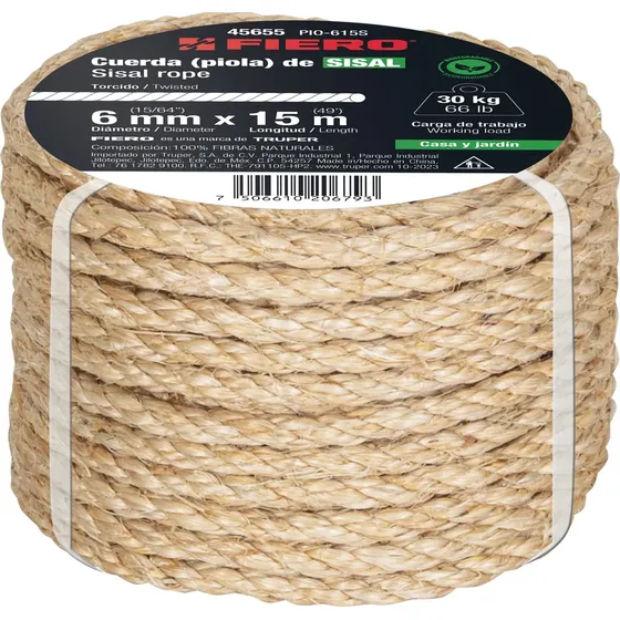 Cuerda Soga Sisal Natural Trenzada 6mm Rollo 15mts Fiero Aym