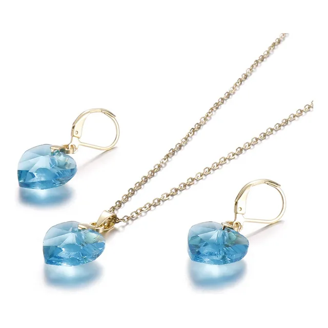 Juego Collar Y Aretes Dorado Corazón Cristal Swarovski
