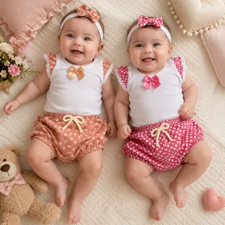 Kit 2 Conjunto Blusa Short Laço Bebê Menina Verão 0-3 Meses Cor E Estampa Sortida 0 A 3 Meses