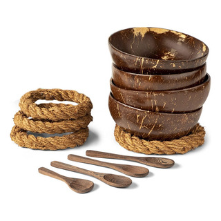 Cuencos De Coco Con Cucharas Y Soportes, Juego De 4 Cáscaras Cuencos De Coco Con Cucharas Y Soportes, Juego De 4 Cáscaras