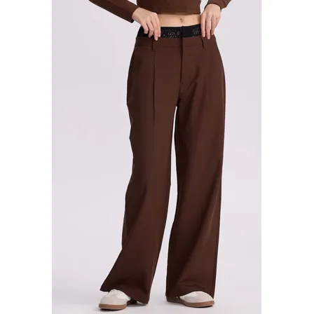 Pantalón Mujer Doble Pretina Encaje Cafe