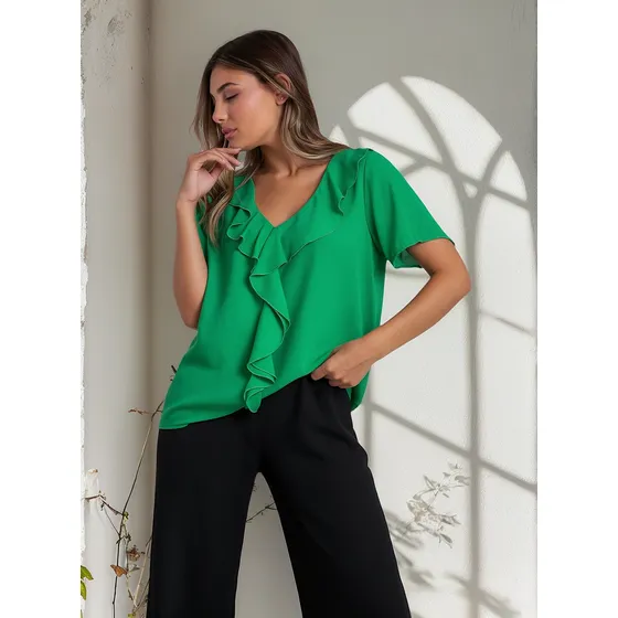 Blusa De Crep Talle Grande Volados Delantero Escote V