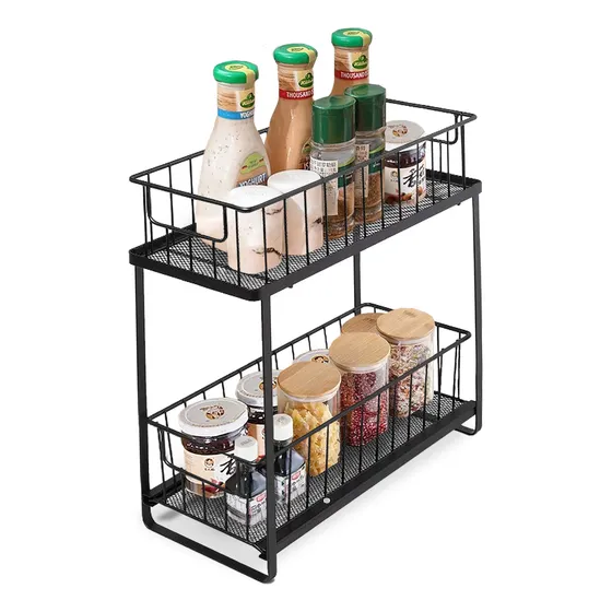 Organizador para Cocina baño Bajo Mesada Alacena multiuso 2 Estantes 1 movil Cajones extraibles canasto IMBACK Color Negro
