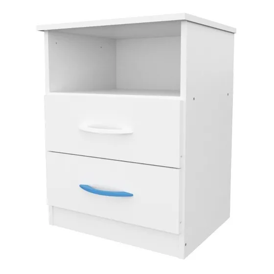 Mesa De Luz Moderna 2 Caj. 1 Estante Simil Laqueado Blanca Color Blanco