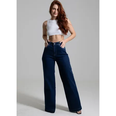 Calça Jeans Feminina Wide Leg Com Elastano Sawary Azul-escuro Liso 38