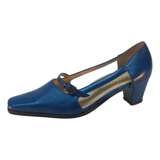 Zapato De Dama En Cuero Azul Forrado Vaqueta Único Par N° 37