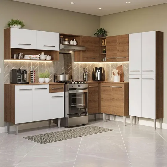 Armário de Cozinha Completa Modulada De Canto 417cm Emilly Madesa 02 Rb Cor Rustic/Branco/Rustic GCEM417002J3