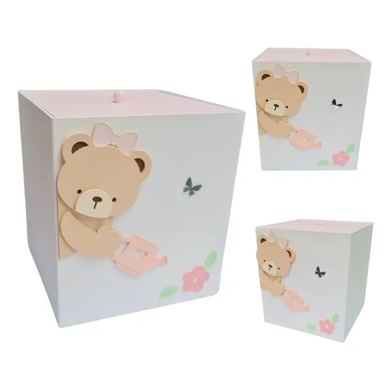 Lixeira Mdf Menina Ursa Flor Decoração Quarto Bebê Feminino