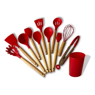 Kit C/12 UtensĂlios De Cozinha Silicone Cabo Madeira Kit C/12 UtensĂlios De Cozinha Silicone Cabo Madeira