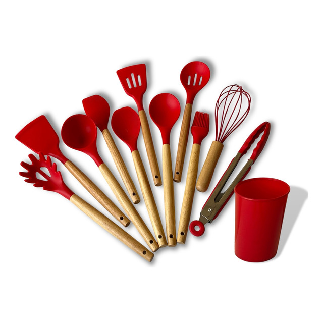 Kit C/12 UtensÃlios De Cozinha Silicone Cabo Madeira Kit C/12 UtensÃlios De Cozinha Silicone Cabo Madeira
