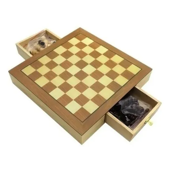 Jogo De Xadrez E Dama Tabuleiro Oficial Madeira Gaveta 29 Cm