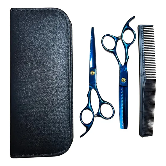 Set Tijeras X2 Peluquería De Corte Pulir Y Peine + Estuche Color Azul