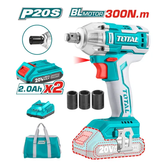 Llave Pistola De Impacto Inalámbrica Total 20v Industrial Motor Brushless Sin Carbones Encastre 1/2'' Torque 300nm Con 2 Baterías 2.0ah Litio-ion Cargador Dados Y Bolso TIWLI2001