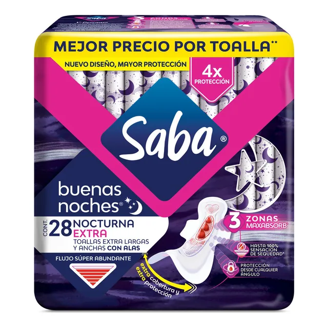 Toallas Femeninas Saba Buenas Noches Extra Con Alas 28 Unidades