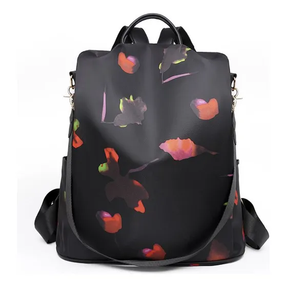Mochila Antirrobo Cartera Mujer Impermeable Bolso Dama Atrix Color Negro Diseño De La Tela Floreado