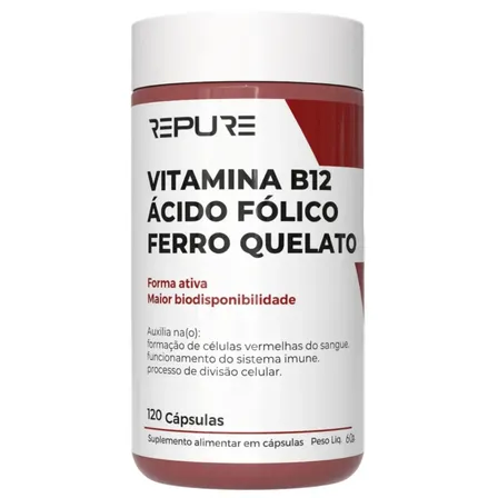 Ferro Quelato, Ácido Fólico (vit B9) E Vitamina B12 Forma Ativa | 120 Cápsulas - 4 Meses