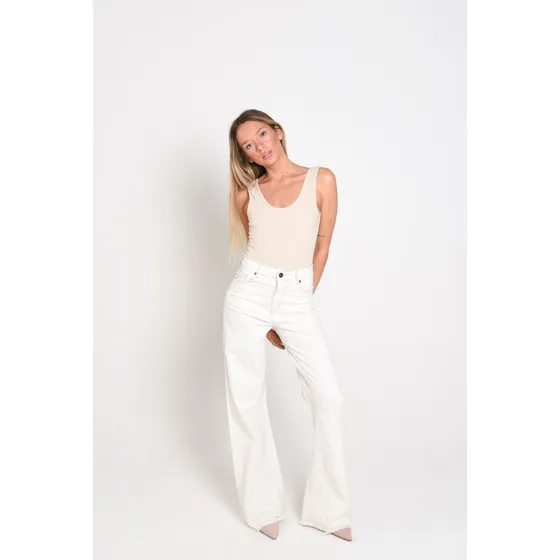 Pantalón Mujer Blanco Wide Leg Gabardina Elastizada Fexty
