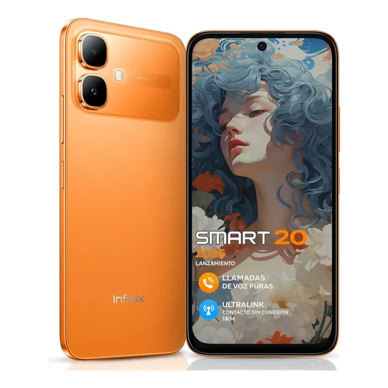 Celular Infinix SMART 20 2026 Pantalla 6.78'' 120Hz 256Gb+8Gb Ram (4+4Gb) 5200mAh Ultralink Llamadas Sin Señal Hasta 1km AI Reducción De Ruido y Voz Nítida Android Xos 16 Dual Sim NFC Naranja Solar