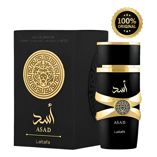 Frasco e caixa do perfume Asad da Lattafa, exibindo o logotipo com leão e detalhes em dourado sobre fundo preto.
