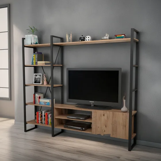 Rack De Tv Con Biblioteca 1,80x2,10 Modelo Industrial Marrón Claro