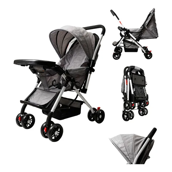 Carriola Reversible Para Bebe Kiddos 2 En 1 Plegable Cómoda Practica Resistente Mango Antiderrapante Con Bambineto Descansa Pies Mosquitero Mesita Y Freno De Seguridad Color Gris